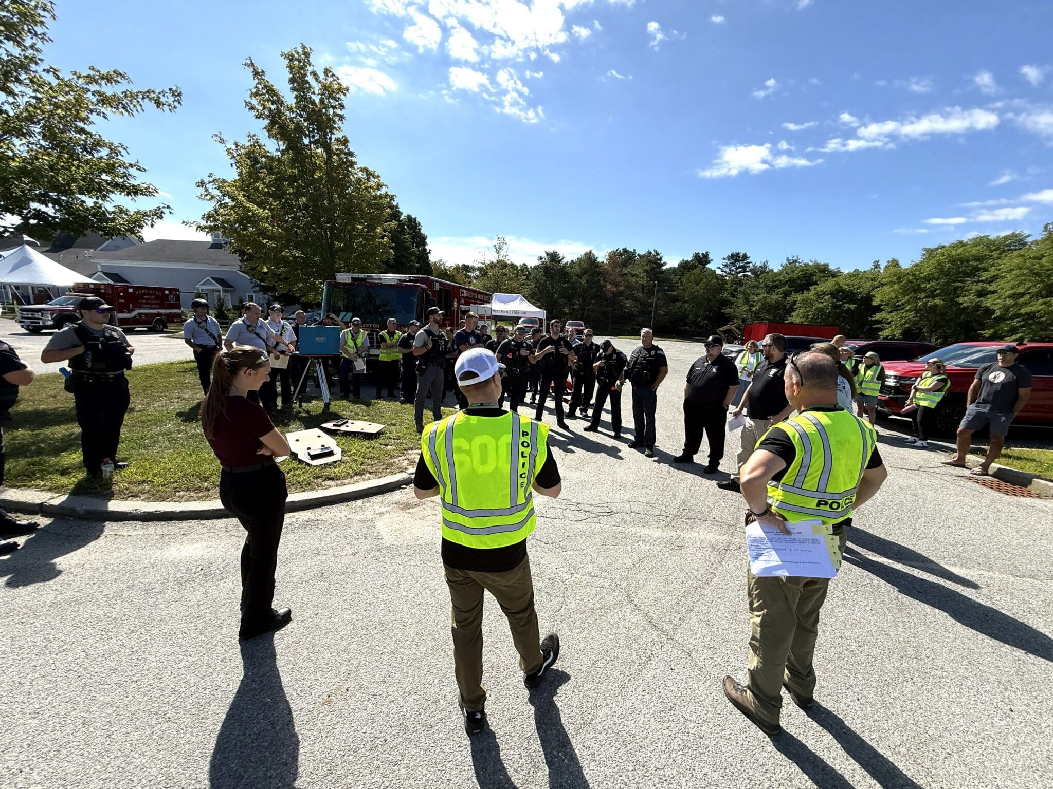 Hopkinton police officers and firefighters participated in a joint emergency training exercise Saturday at Hopkinton High School.