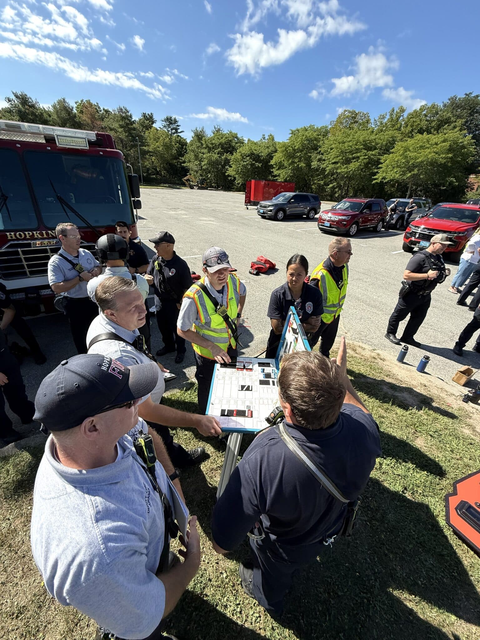 Police and fire personnel conducted table top exercises together during simulated emergency training at Hopkinton High School.
