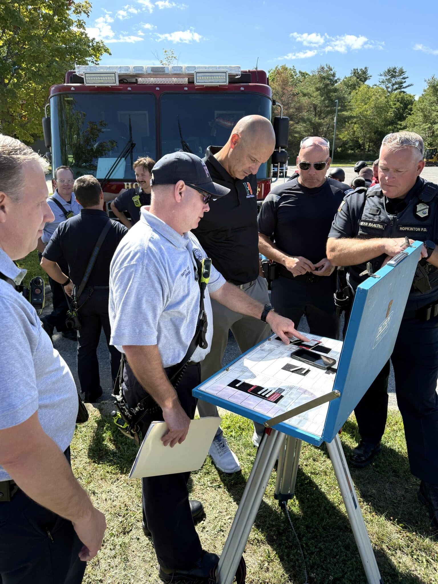 The Hopkinton Fire and Police Departments conducted emergency training with the Hopkinton School Department at Hopkinton High School on Saturday, Aug. 29.